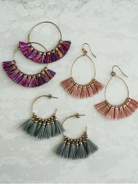 Set of 3 Boho Fringe Hoop Earrings - Pink, Gray, Multicolor